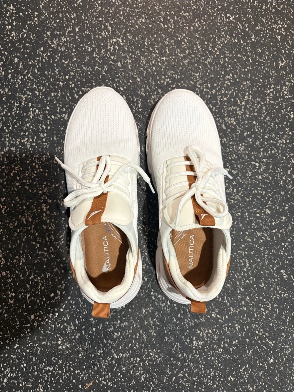 Nautica Women's White Knit Lace-Up Sneakers with Tan Accents